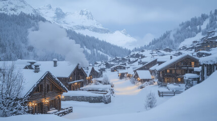 A village in a snowy mountain region, wooden chalets with smoke rising from chimneys, and snow-covered landscapes creating a winter wonderland