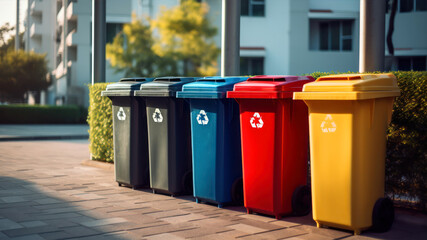 Colorful Recycling Bins Arranged Neatly on a Sidewalk in an Urban Area Under Daylight