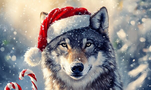 A Christmas portrait of a cute funny grinning gray wolf with a Santa Claus hat in its teeth, a candy cane lollipop, a winter snow background and a windy snowy forest. Written on a snowy background,