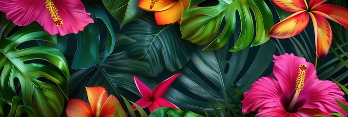 Lush green tropical leaves frame colorful flowers, showcasing a vibrant display of nature in a warm, sunlit environment. Generative AI