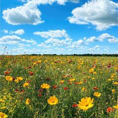Obraz premium A wildflower meadow filled with vibrant yellow and red blooms, with a clear blue sky and fluffy clouds overhead