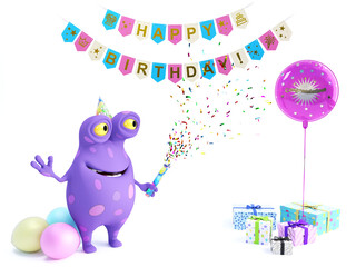 3D rendering of a spotted monster celebrating with party popper.