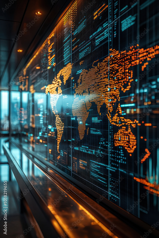 Poster ai global economic, digital economic world map in focus with hovering hologram annotations showcasin
