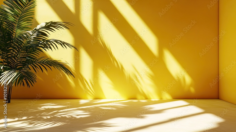 Poster abstract 3d render of yellow walls with sunlit tropical leaf shadows casting long patterns.