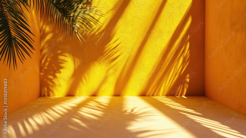 Poster abstract 3d render of yellow walls with sunlit tropical leaf shadows casting long patterns.