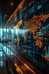 Obraz premium AI Global economic, Digital economic world map in focus with hovering hologram annotations showcasing financial data across continents. The setting is a futuristic office with a