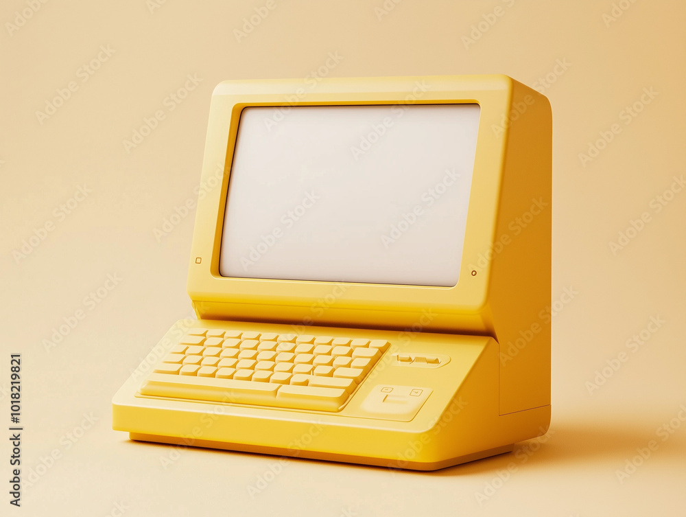 Poster 80s box retro yellow vintage computer screen blank white pc minimal tech background old school deskt