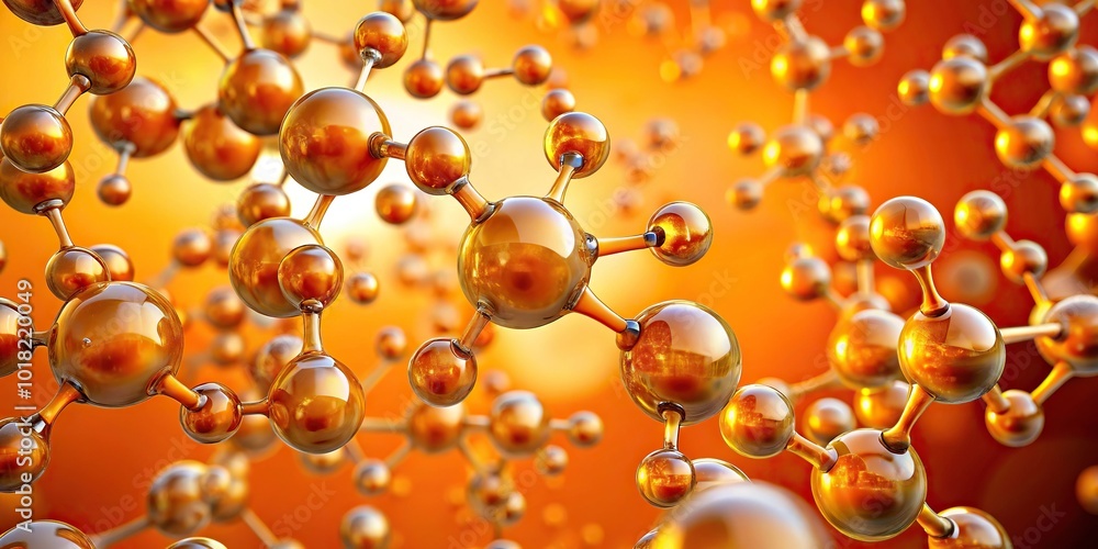 Wall mural minimalist orange background with molecules and balls in liquids