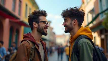 Dynamic Urban Interaction: Two Young Men Engaging in Conversation in a Vibrant Community