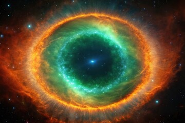 Obraz premium Minimalist orange and green ring nebula in outer space