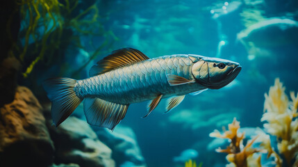 Naklejka premium An elegant Arowana Fish swimming majestically in a large aquarium, its metallic scales shimmering under the light