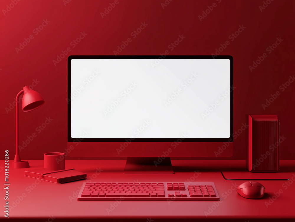 Fototapete Dark red computer screen blank white pc digital workspace modern tech desktop keyboard mouse minimal background mockup copy space banner concept futuristic bold vibrant empty template