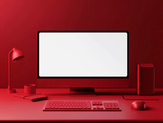 Dark red computer screen blank white pc digital workspace modern tech desktop keyboard mouse minimal background mockup copy space banner concept futuristic bold vibrant empty template