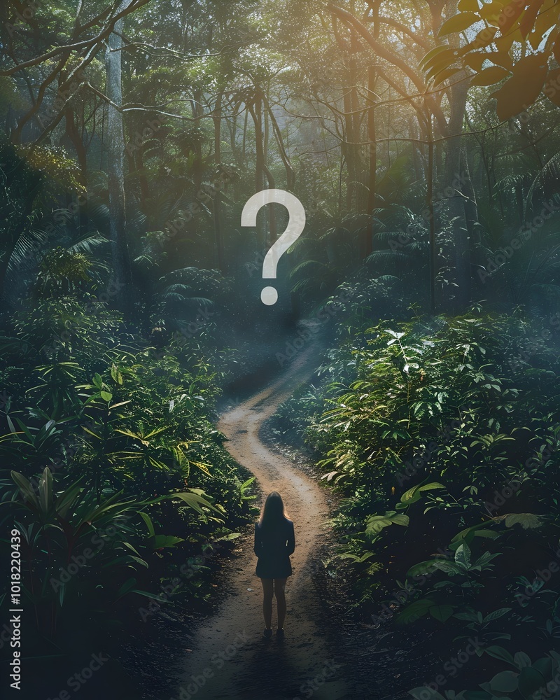 Poster mysterious crossroads in enigmatic forest with floating question mark