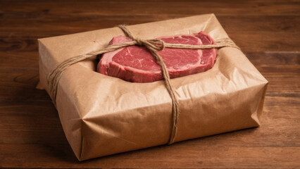 A piece of meat with beautiful texture, carefully packaged in eco-friendly paper. An excellent sample of natural ingredients for use in culinary projects and food blogs.