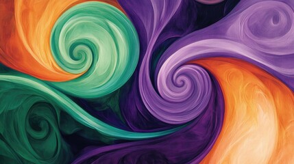 Abstract colorful swirls in bold shades of purple, green, and orange, flowing in a continuous, hypnotic pattern against a clean backdrop