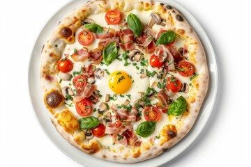 Pizza with Mushrooms, Bacon and Egg on White Plate Isolated, Italian Carbonara Pizza