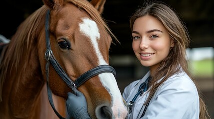 Female Veterinarian Examining a Brown Horse with a White Stripe