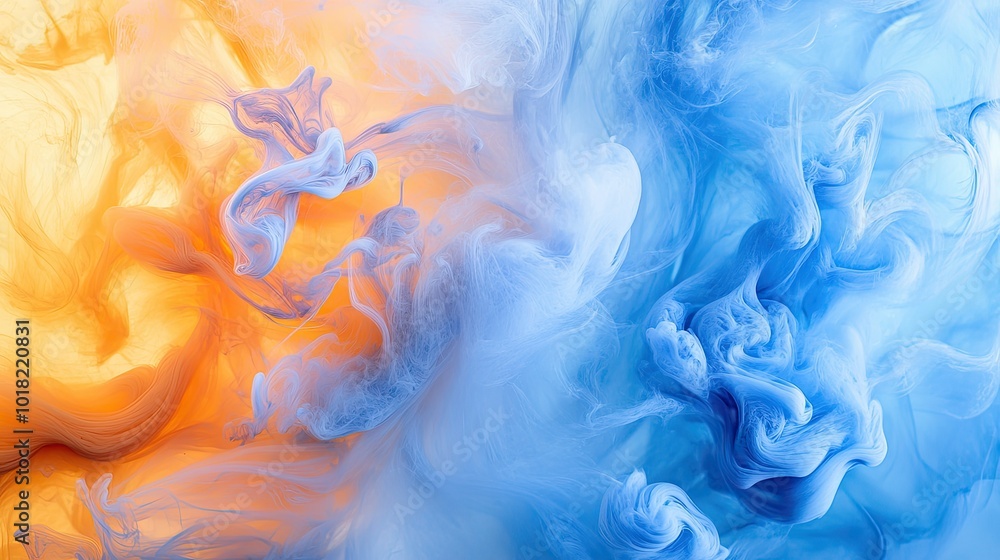Poster abstract fluid shapes of blue and orange ink mixing, creating intricate swirls and soft transitions 