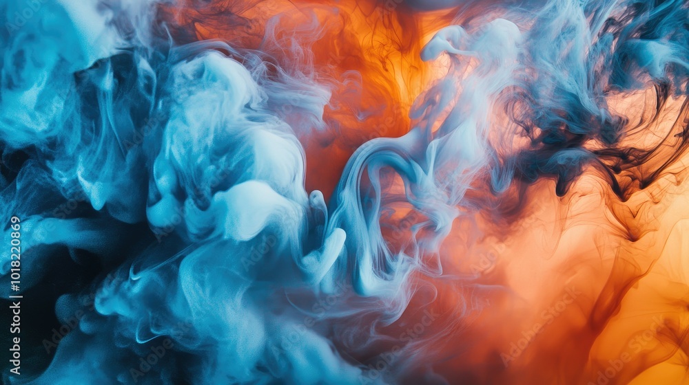 Poster abstract fluid shapes of blue and orange ink mixing, creating intricate swirls and soft transitions 