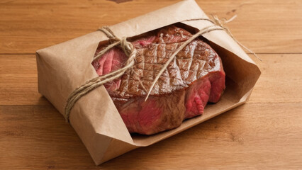 A piece of meat with beautiful texture, carefully packaged in eco-friendly paper. An excellent sample of natural ingredients for use in culinary projects and food blogs.