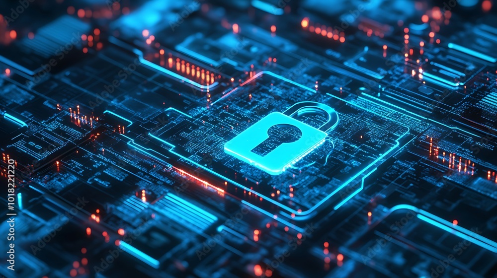 Poster futuristic digital lock showcased on a secure high-tech computer system