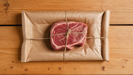 A piece of meat with beautiful texture, carefully packaged in eco-friendly paper. An excellent sample of natural ingredients for use in culinary projects and food blogs.