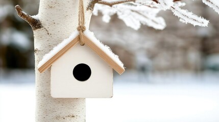 A wooden bird feeder with a snow-covered roof is suspended from a birch tree in a winter park, creating a welcoming spot for springtime birds amidst the snow