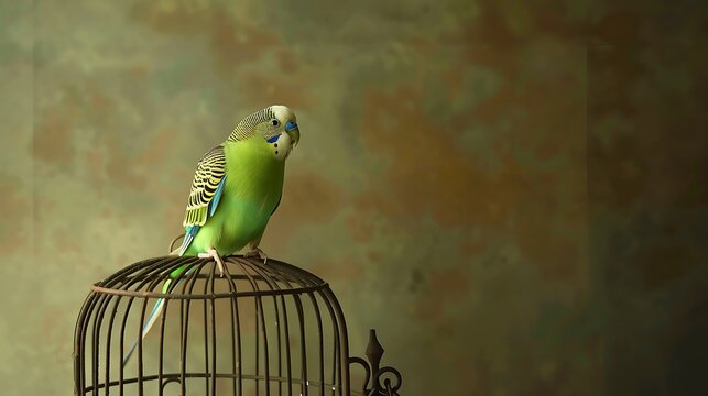 A vibrant budgerigar perched on a decorative cage against a muted background, showcasing its colorful plumage and playful demeanor.