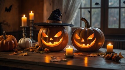 Fototapeta premium cozy Halloween scene featuring a wooden table adorned with carved pumpkins each with cheer