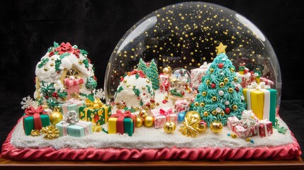 Naklejka premium Festive Christmas scene with red ornaments, candy canes, wrapped gifts, and a snow globe, placed next to a snow-covered Christmas tree. Soft, glowing bokeh lights fill the light background.