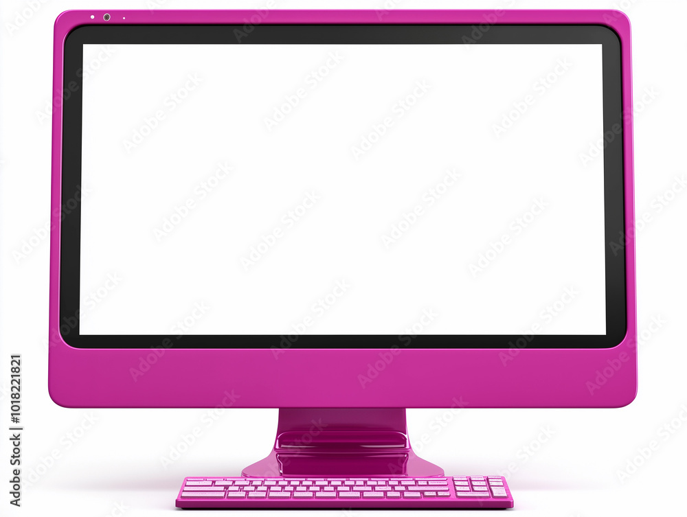 Poster bright pink computer blank white pc screen desktop keyboard minimal mockup background workspace mode