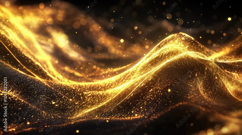 Poster abstract golden waves glowing softly as they flow across a dark surface, forming a dynamic and lumin