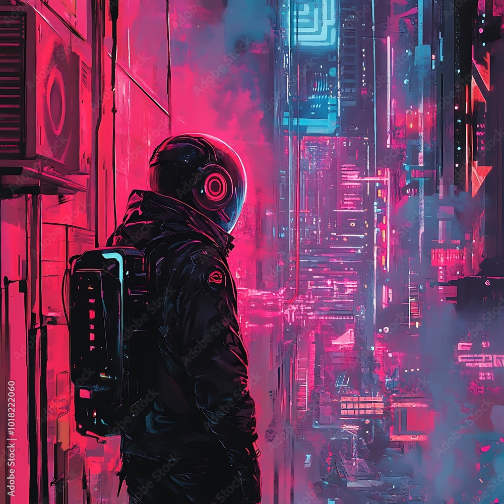 Poster futuristic hacker manipulating advanced technology in neon backdrop