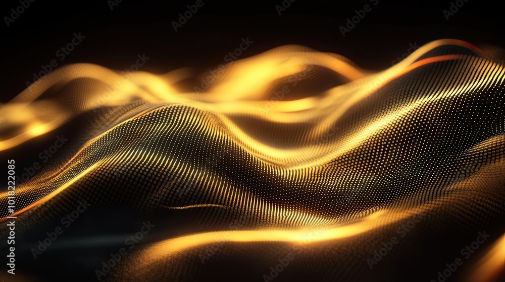 Poster abstract golden waves glowing softly as they flow across a dark surface, forming a dynamic and lumin