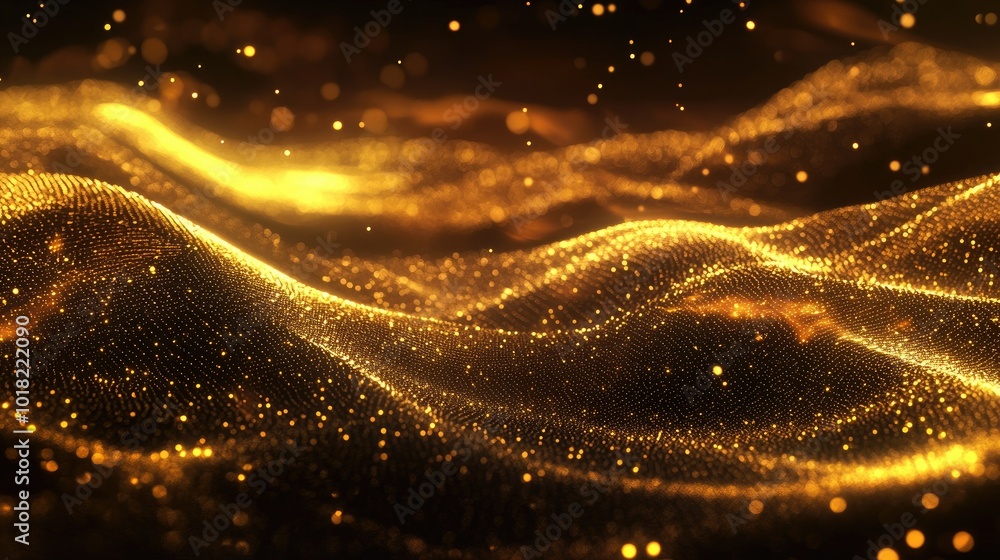 Poster abstract golden waves glowing softly as they flow across a dark surface, forming a dynamic and lumin