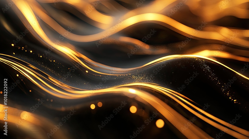 Poster abstract golden waves glowing softly as they flow across a dark surface, forming a dynamic and lumin