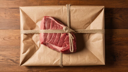 A piece of meat with beautiful texture, carefully packaged in eco-friendly paper. An excellent sample of natural ingredients for use in culinary projects and food blogs.