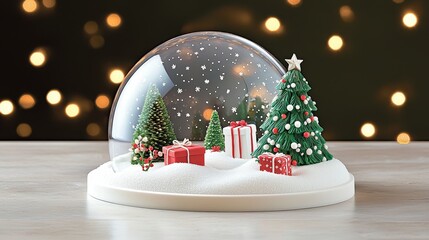 Festive Christmas scene with red ornaments, candy canes, wrapped gifts, and a snow globe, placed next to a snow-covered Christmas tree. Soft, glowing bokeh lights fill the light background.