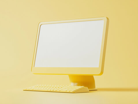 Pretty kawaii vintage yellow desktop PC computer white blank screen mockup minimalist work form home workspace retro tech floral decor aesthetic branding copy space creative setup empty background 