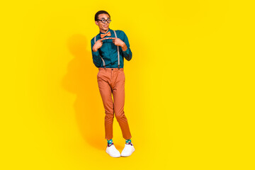 Photo of shy guy look empty space feel scared uncertain isolated bright color background