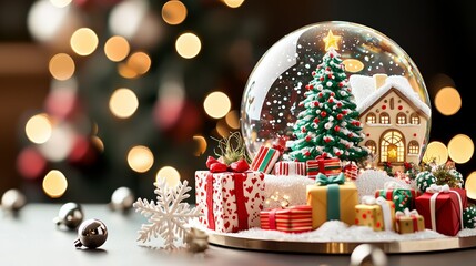 Festive Christmas scene with red ornaments, candy canes, wrapped gifts, and a snow globe, placed next to a snow-covered Christmas tree. Soft, glowing bokeh lights fill the light background.