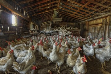 Poultry Farm with Many Chickens, Hen Farming, Big Chicken Farm, High Density of Birds on Poultry Farm
