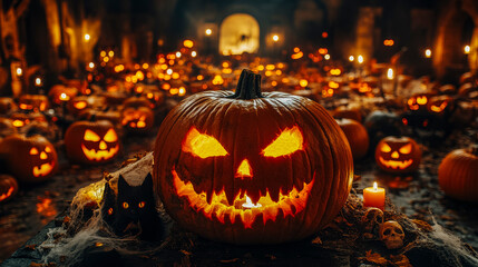 Fototapeta premium Halloween pumpkin display with candles and spooky decorations for festive atmosphere