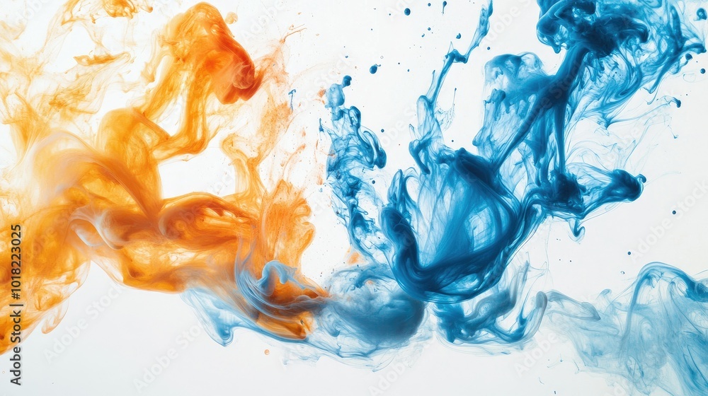 Poster abstract swirls of blue and orange ink mixing in water, creating dynamic fluid shapes and gradients 