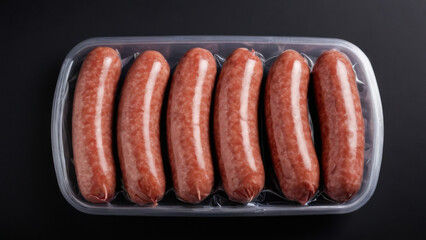 Package of delicious sausages on a dark background. This image is suitable for culinary blogs, recipe sharing, and product marketing. A simple and convenient solution for meat dishes