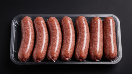 Package of delicious sausages on a dark background. This image is suitable for culinary blogs, recipe sharing, and product marketing. A simple and convenient solution for meat dishes