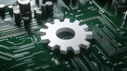 Fototapeta premium Abstract technology scene with a white paper gear seamlessly integrated into a green circuit board.