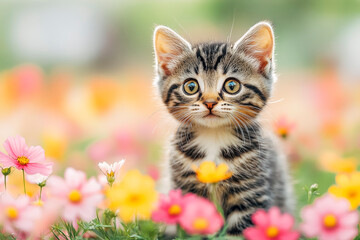 Adorable kitten in flower garden: perfect for spring and nature-themed projects