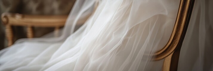 Elegant tulle drapery on a chair, delicate white texture, shimmering gold accents, inviting ambiance, soft and luxurious atmosphere
